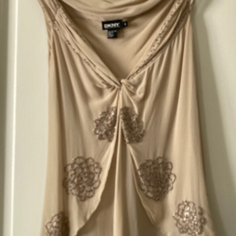 Donna Karen sexy dressy elegant beaded silk sleeveless top Beige